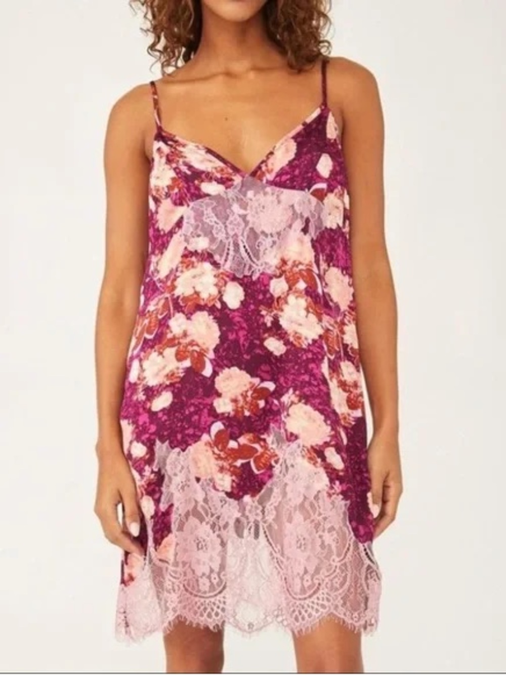 Intimately Free People Floral Print Satin with Lace Trim Slip Multicolor Size XS